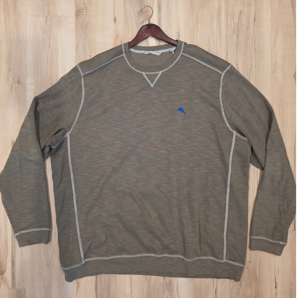 Tommy Bahama Mens 3XLT Sweatshirt Olive Green Slub Knit Contrast Stitch Pullover